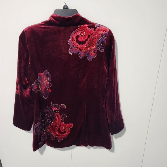 Coldwater Creek Velvet Style Rich Burgundy Color Floral Blazer Jacket - Size 12 - Picture 9 of 11